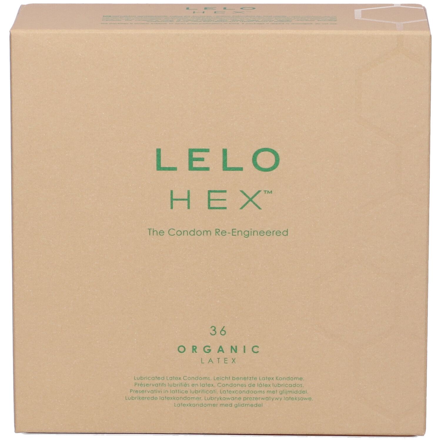 Kartonnen doos met groen LELO HEX logo. Tekst: 36 Organic Latex. Bruine verpakking.