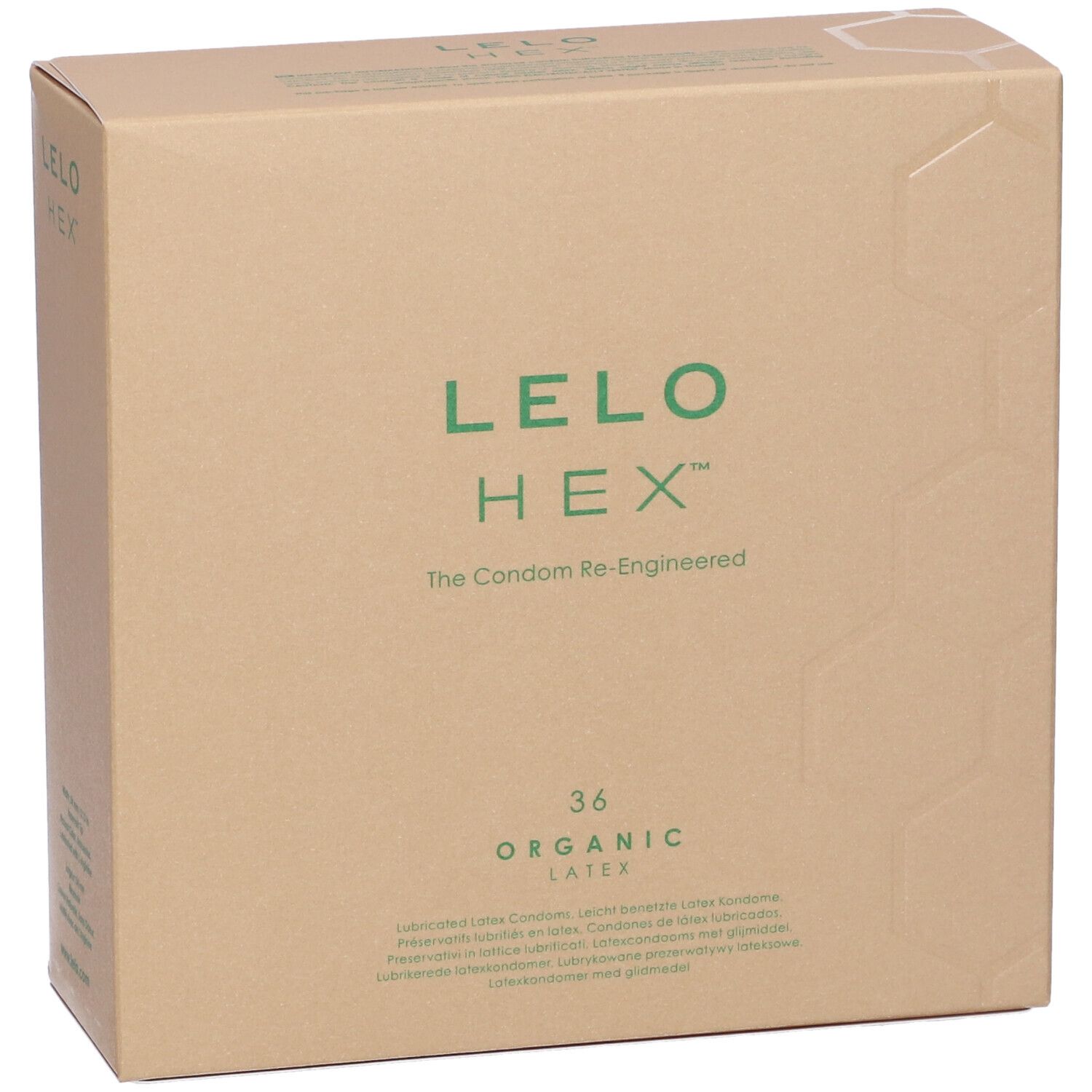 Kartonnen doos met groen LELO HEX logo. Tekst: 36 Organic Latex. Bruine verpakking.