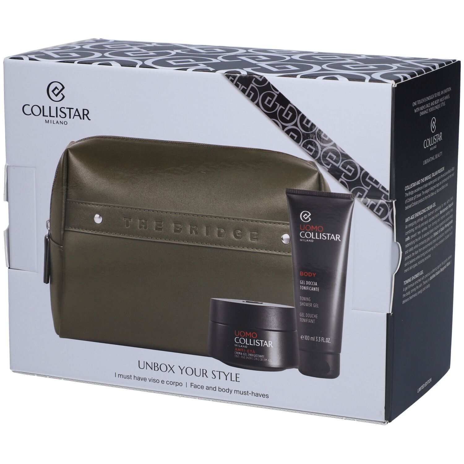 Coffret cadeau avec produits cosmétiques et trousse. Contient crème-gel, gel douche et trousse verte THE BRIDGE. Emballage avec logo Collistar.