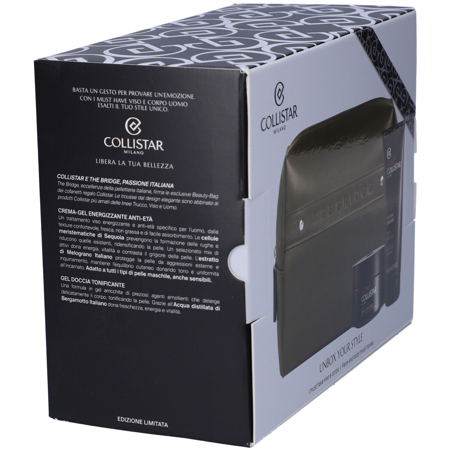 Coffret cadeau avec produits cosmétiques. Contient crème-gel, gel douche et trousse verte. Texte: Collistar, THE BRIDGE, Unbox Your Style. Édition limitée.