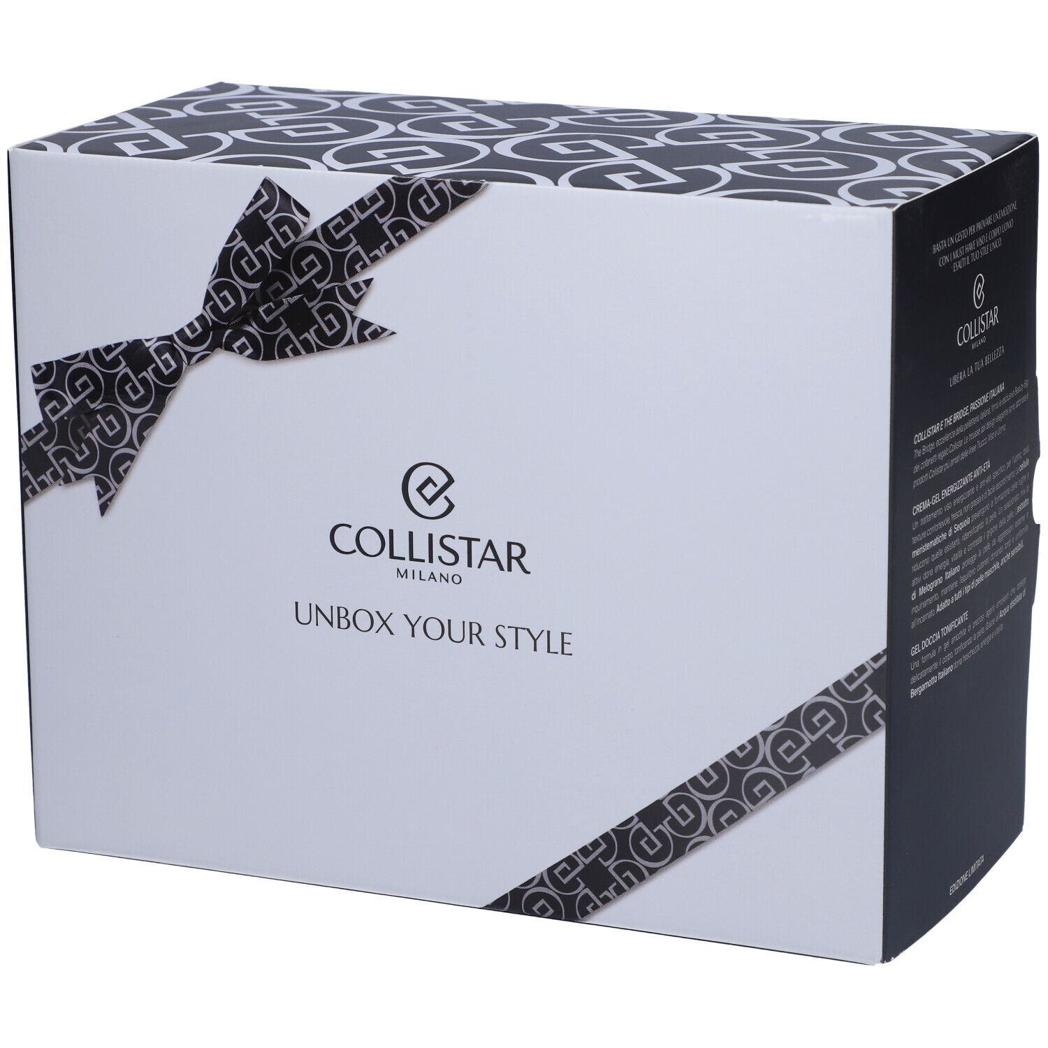 Coffret cadeau blanc avec motif noir et ruban. Contient le logo Collistar et le texte "Unbox Your Style".