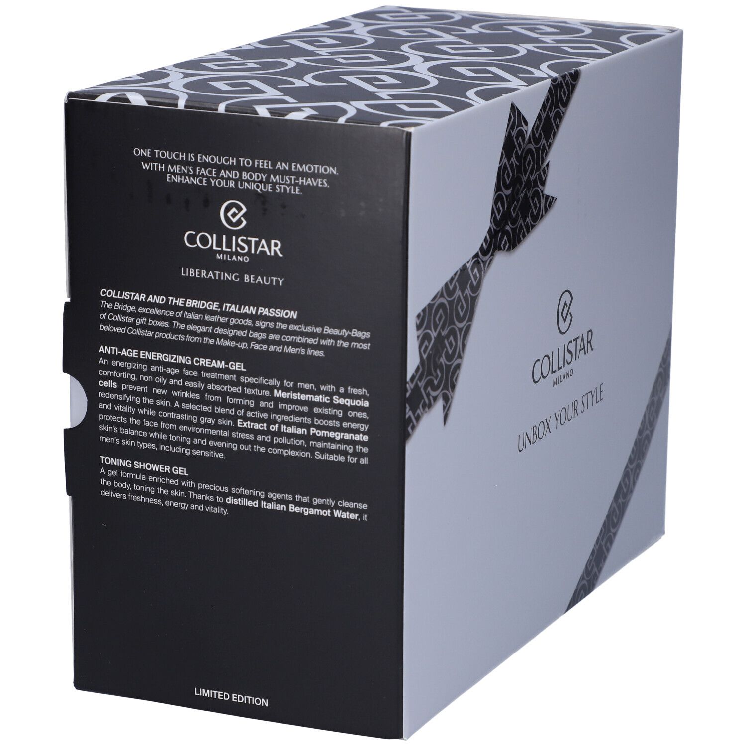 Coffret cadeau avec produits cosmétiques. Contient crème-gel, gel douche et trousse verte. Texte: Collistar, Unbox Your Style. Édition limitée.