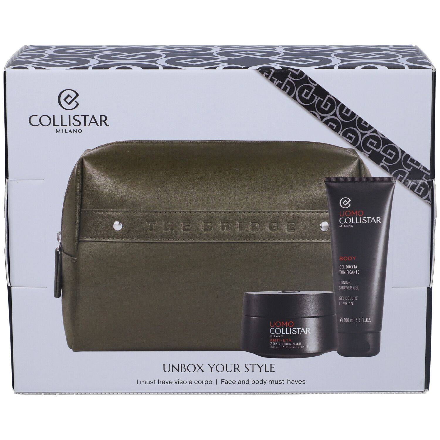 Coffret cadeau avec produits cosmétiques et trousse. Contient crème-gel, gel douche et trousse verte THE BRIDGE. Emballage avec logo Collistar.
