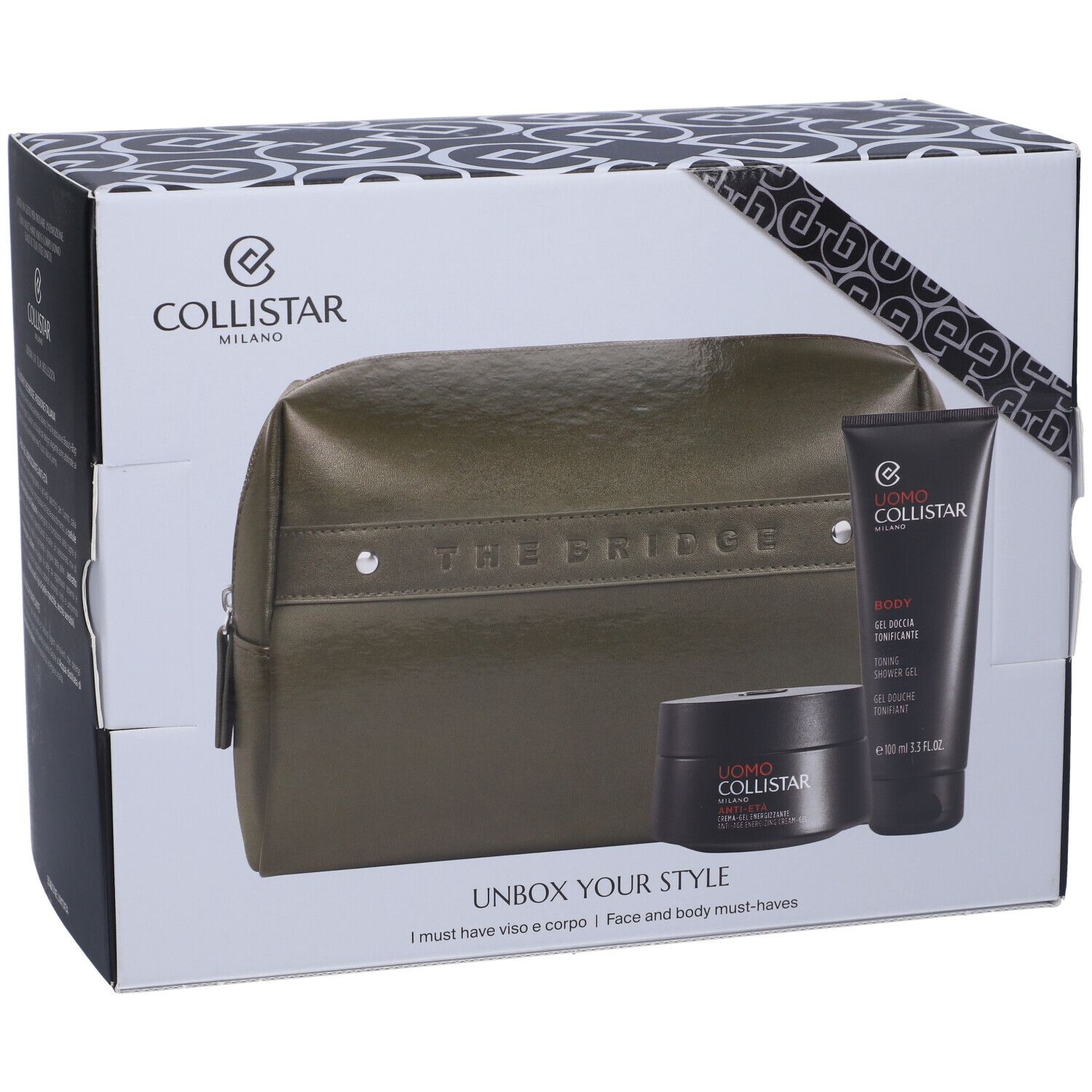 Coffret cadeau avec produits cosmétiques et trousse. Contient crème-gel, gel douche et trousse verte THE BRIDGE. Emballage avec logo Collistar.
