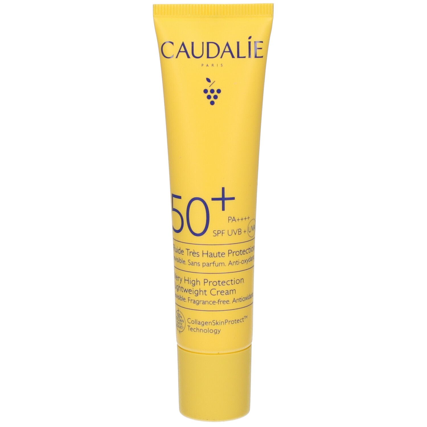 Tube jaune avec texte blanc. CAUDALIE PARIS en haut. En dessous 50+ et autres informations. Inscription: Fluide Très Haute Protection.