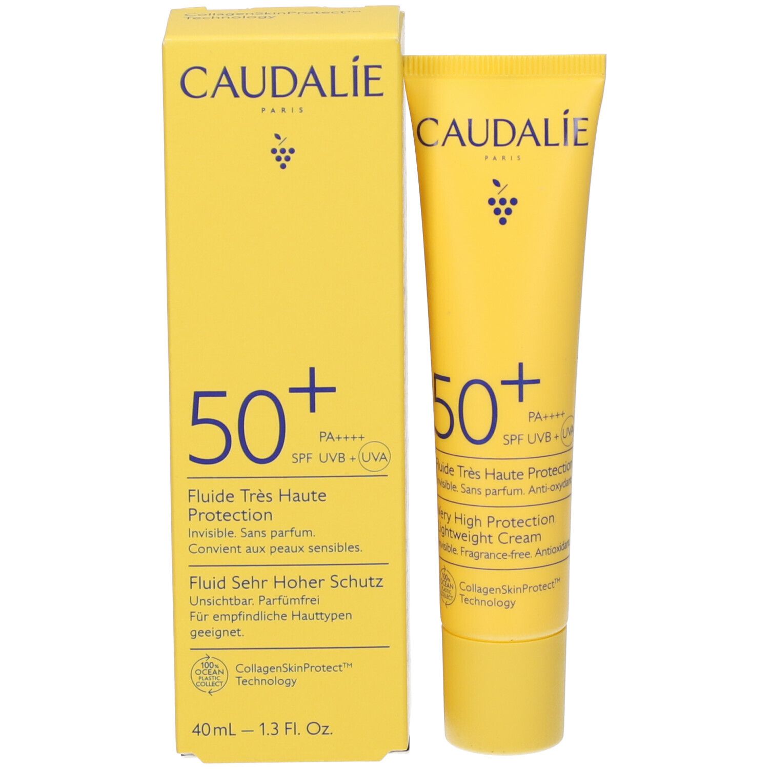 Boîte et tube jaunes. Sur la boîte, CAUDALIE PARIS. En dessous 50+ et autres informations. Inscription: Fluide Très Haute Protection.
