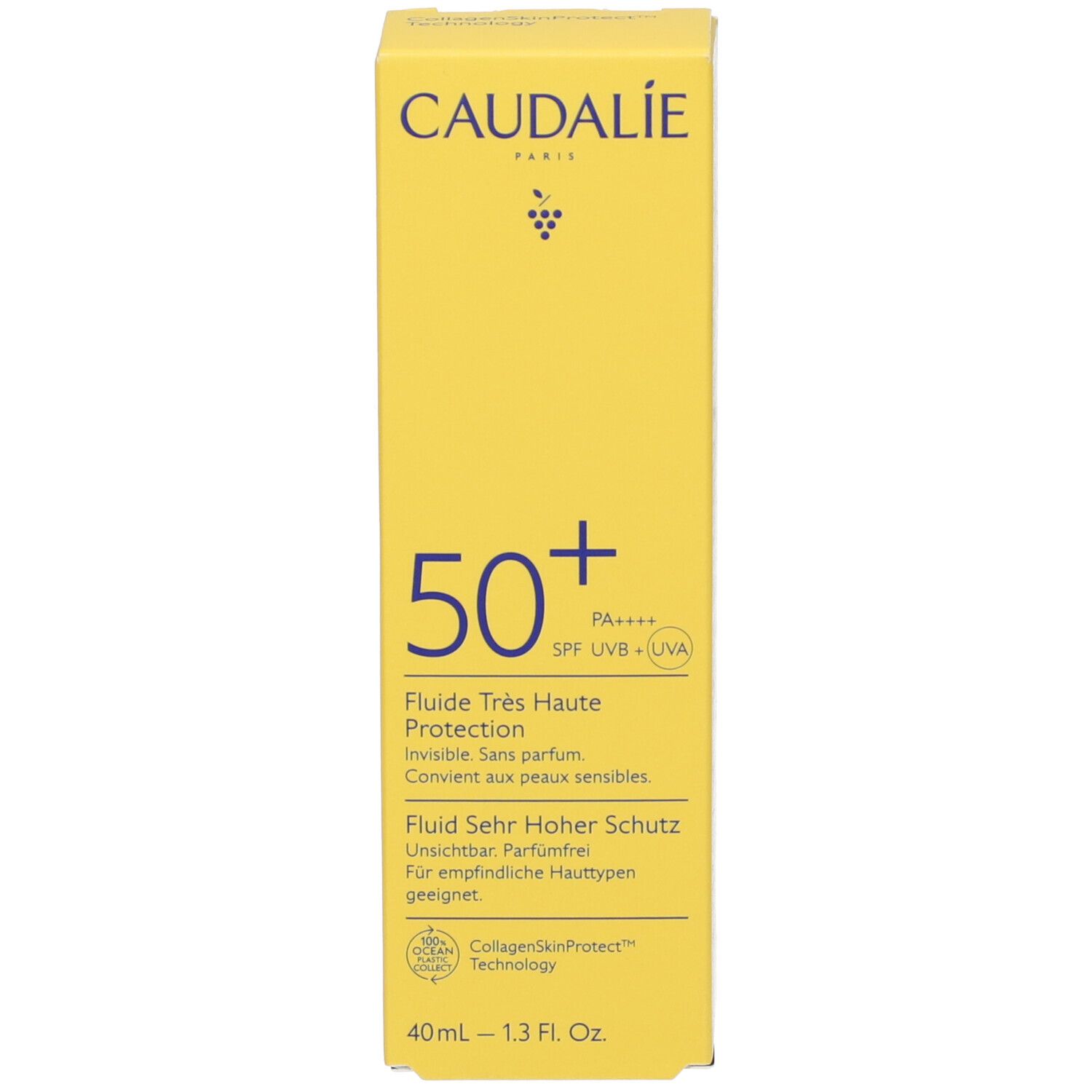 Boîte jaune avec texte blanc. CAUDALIE PARIS en haut. En dessous 50+ et autres informations. Inscription: Fluide Très Haute Protection.