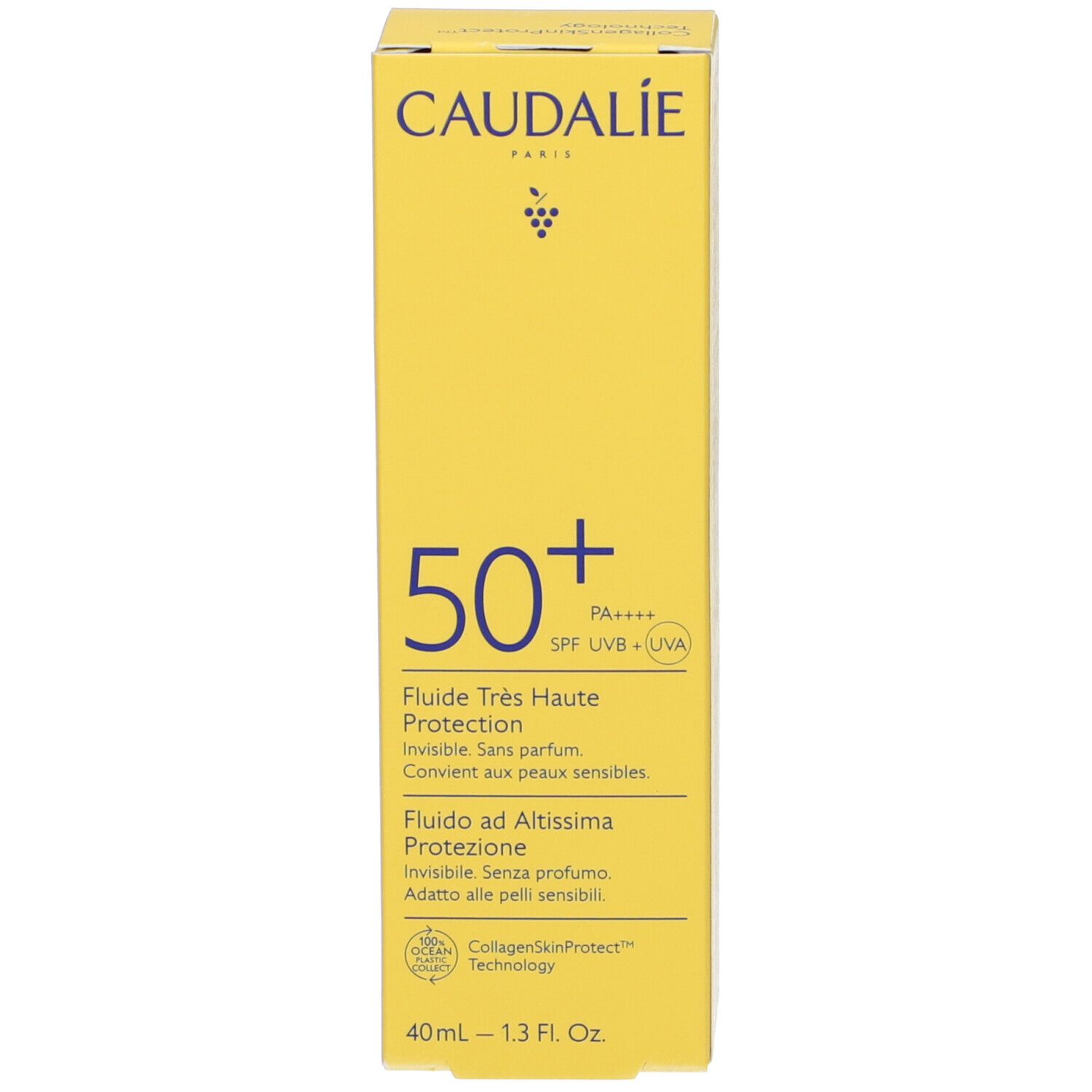 Boîte jaune avec texte blanc. CAUDALIE PARIS en haut. En dessous 50+ et autres informations. Inscription: Fluide Très Haute Protection.