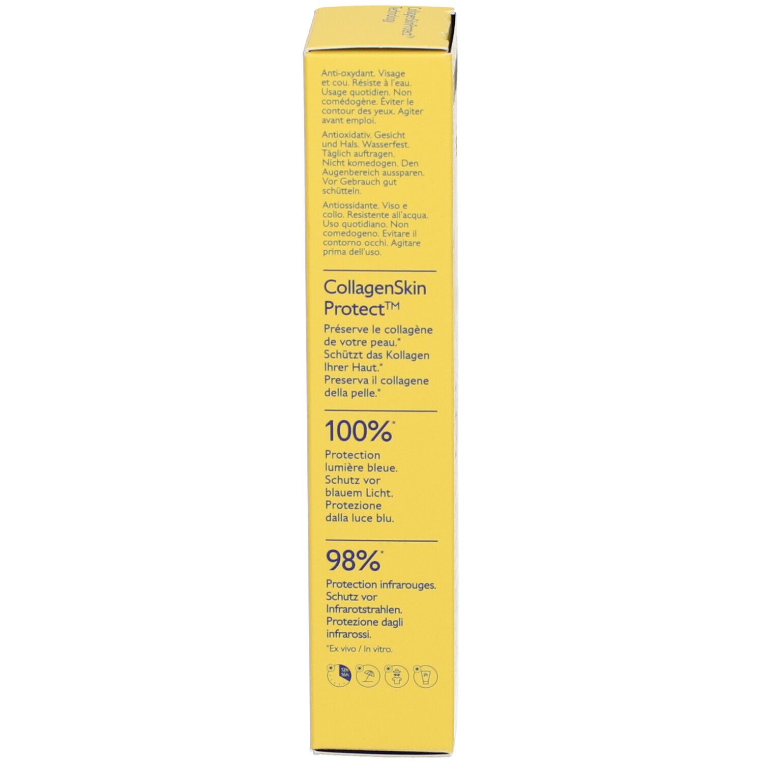 Côté de la boîte jaune. Texte en plusieurs langues. Inscription: CollagenSkin Protect. Informations sur les facteurs de protection.