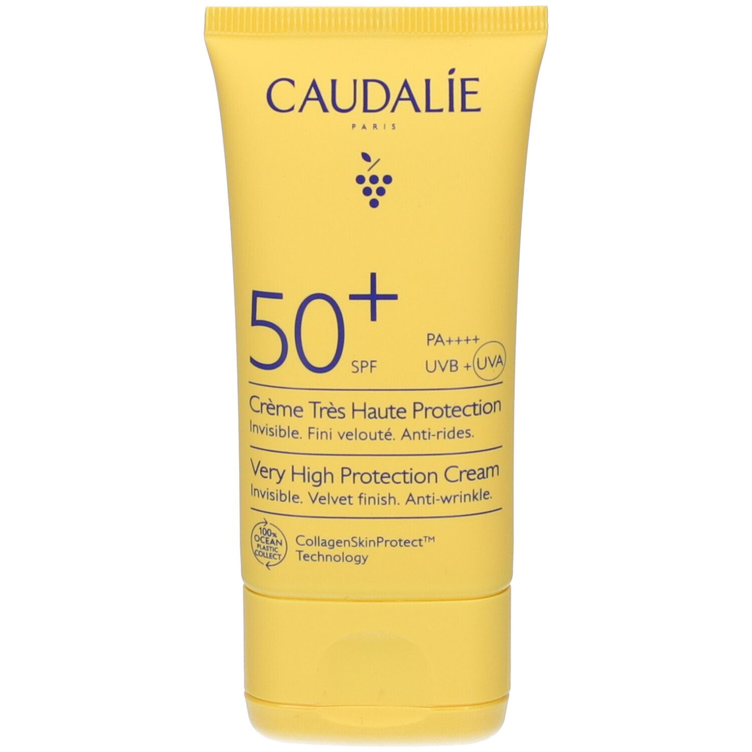 Tube jaune CAUDALIE, 50+ SPF, Crème Très Haute Protection. Logos et texte visibles.