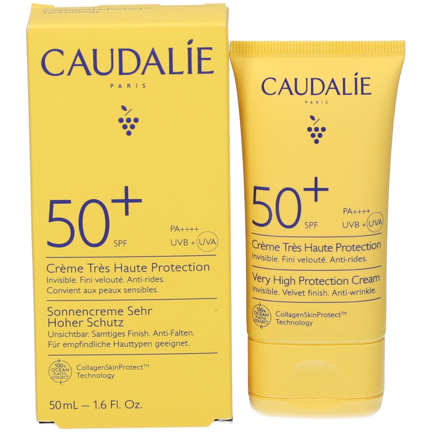 Boîte et tube jaunes. CAUDALIE, 50+ SPF, Crème solaire. Logos et texte.