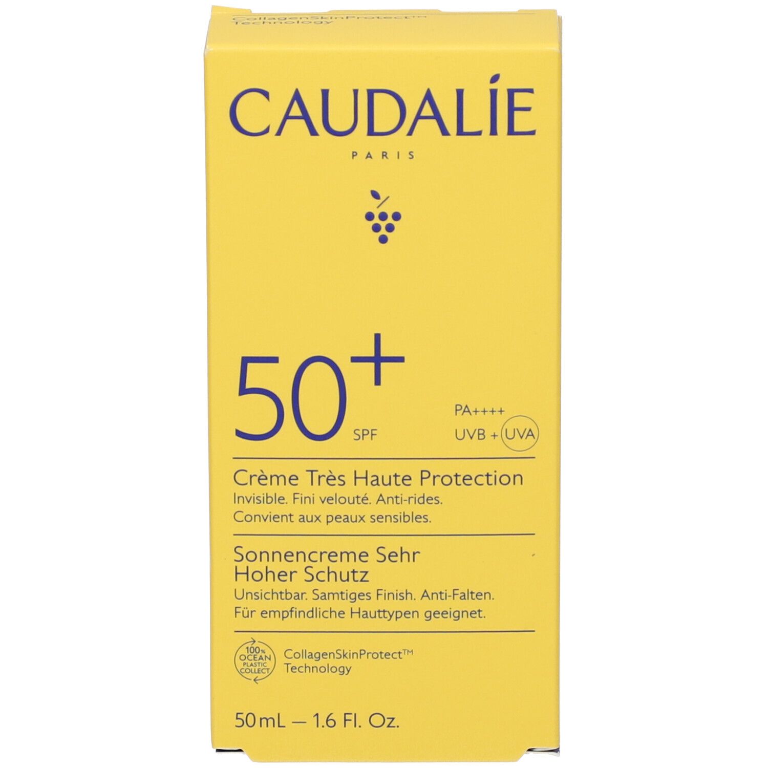 Boîte jaune CAUDALIE, 50+ SPF, Crème solaire. Logos et texte.
