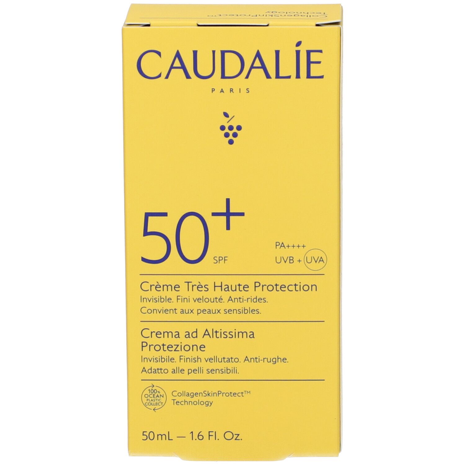 Boîte jaune CAUDALIE, 50+ SPF, Crème ad Altissima Protezione. Logos et texte.