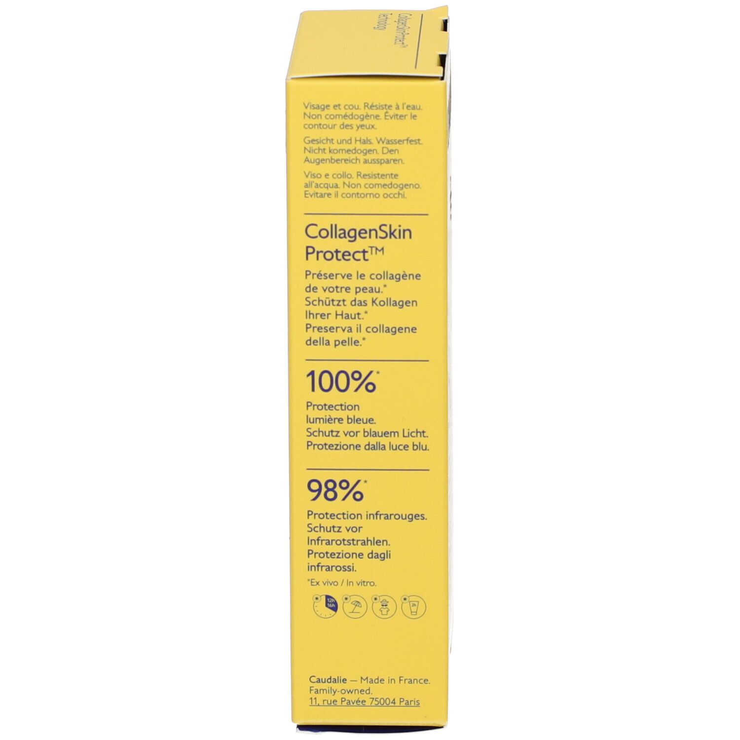 Côté de la boîte jaune. Informations sur la protection, les ingrédients et le contact.