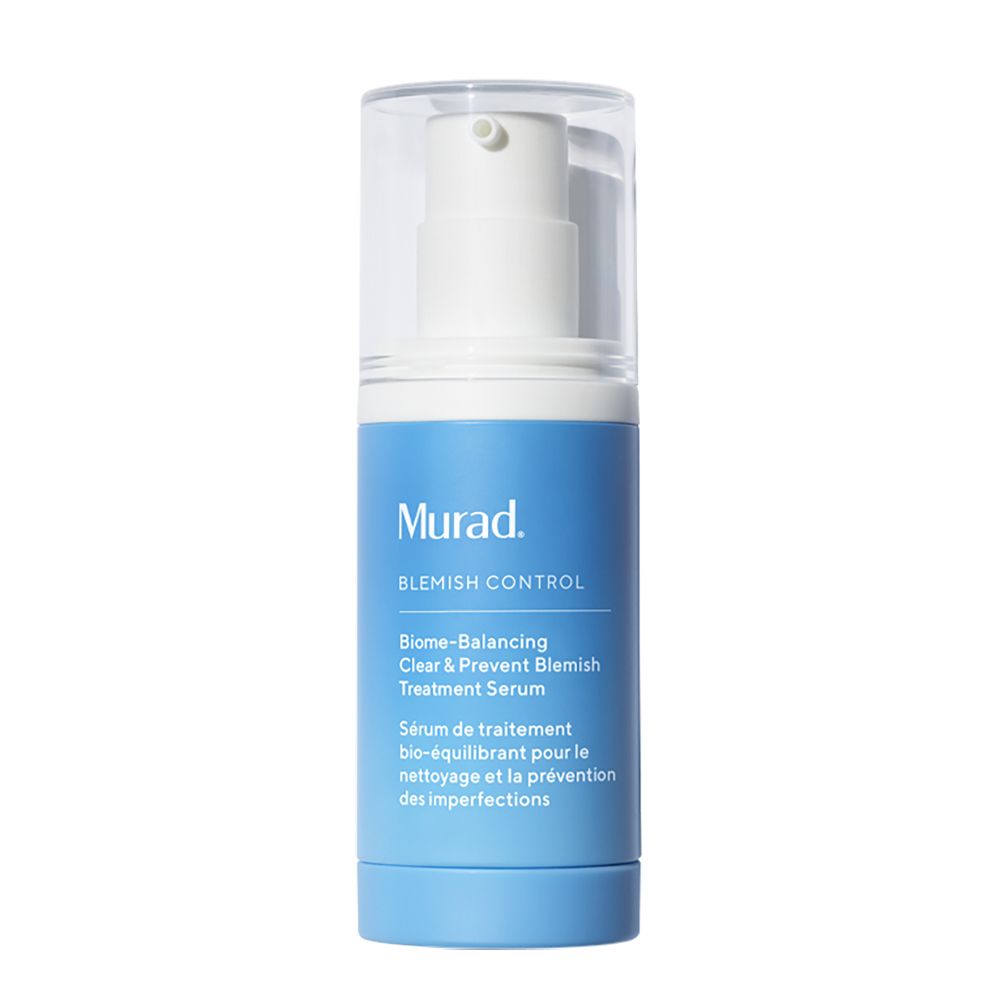 Flacon bleu et blanc avec pompe. Inscription: Murad, Blemish Control, Sérum. Bouchon transparent.