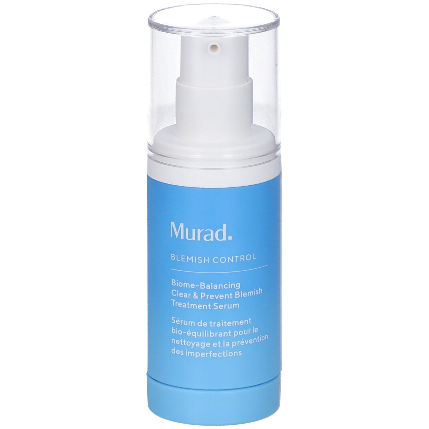 Flacon bleu et blanc avec pompe. Inscription: Murad, Blemish Control, Sérum. Bouchon transparent.
