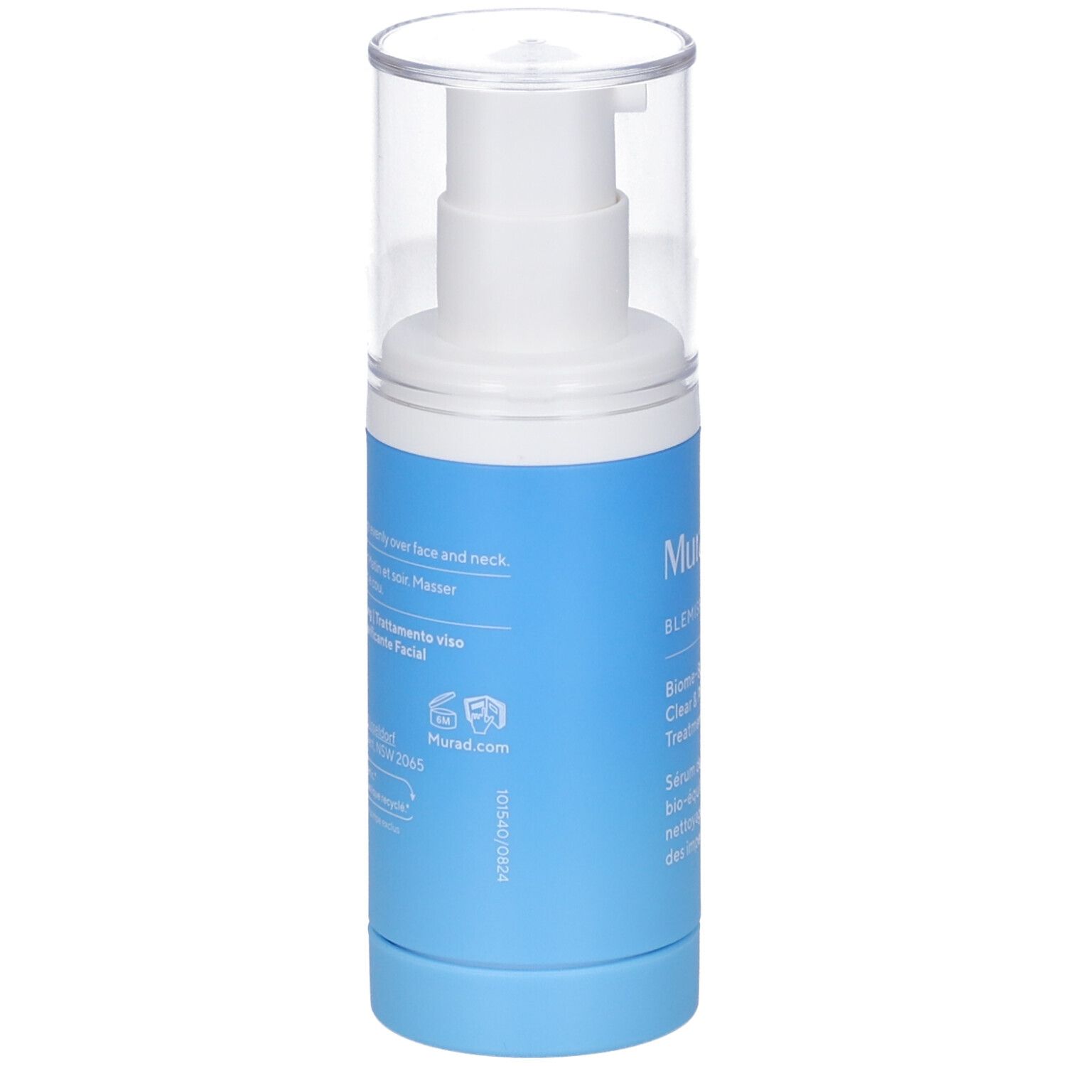 Dos du flacon. Inscription: Murad, Blemish Control, Sérum. Texte multilingue.
