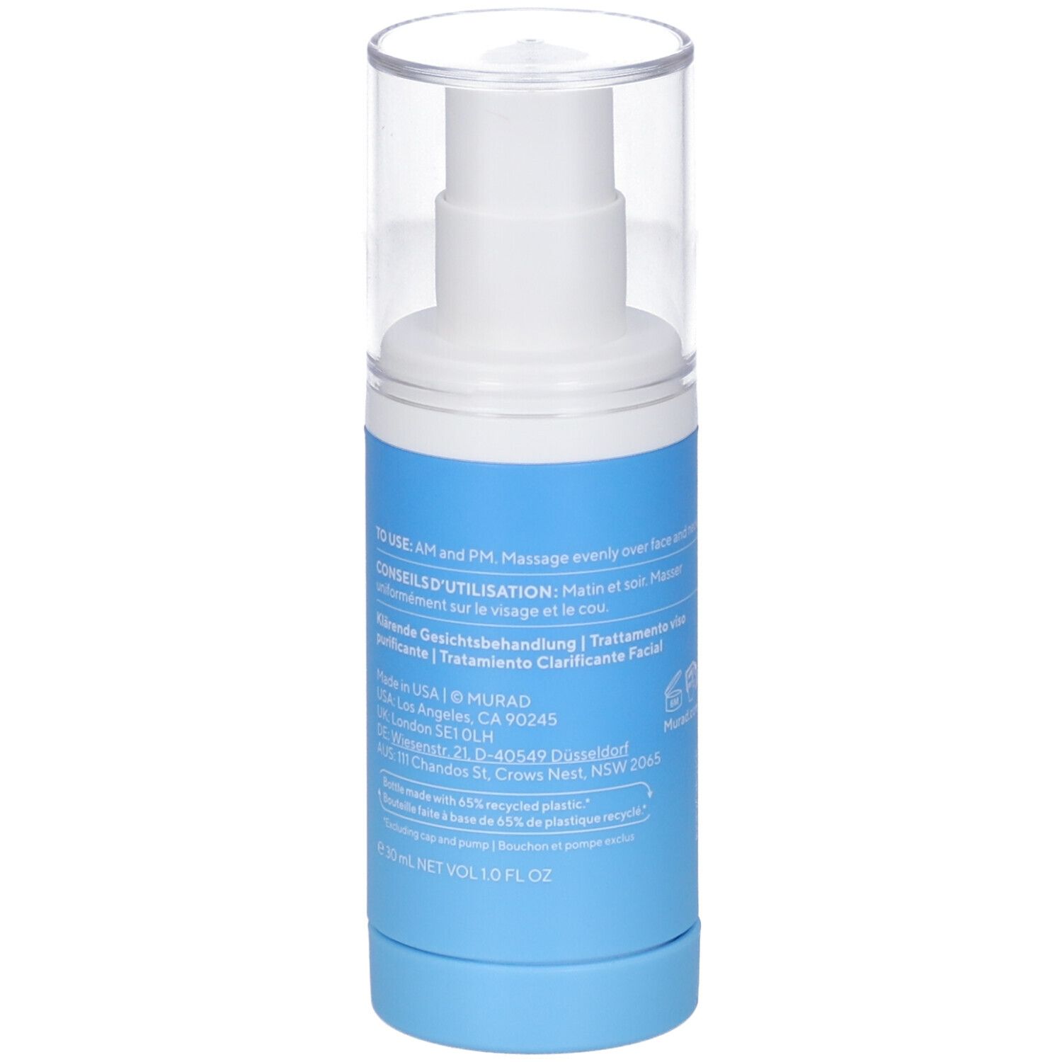 Dos du flacon. Inscription: Murad, Blemish Control, Sérum. Texte multilingue.