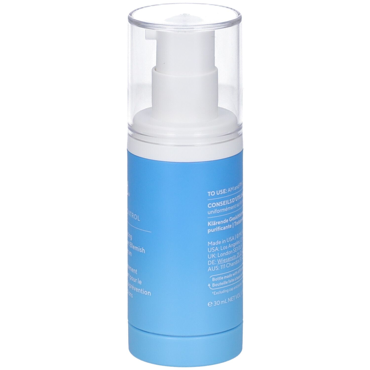 Flacon bleu et blanc avec pompe. Inscription: Murad, Blemish Control, Sérum. Bouchon transparent.