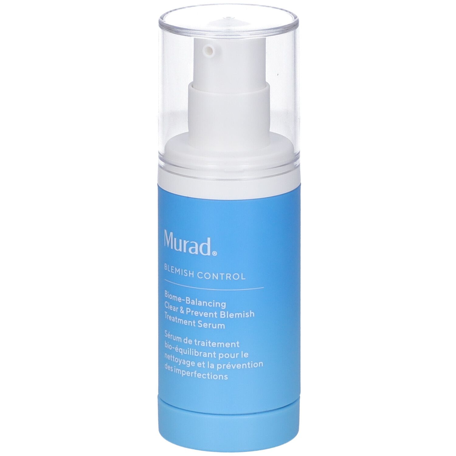 Flacon bleu et blanc avec pompe. Inscription: Murad, Blemish Control, Sérum. Bouchon transparent.