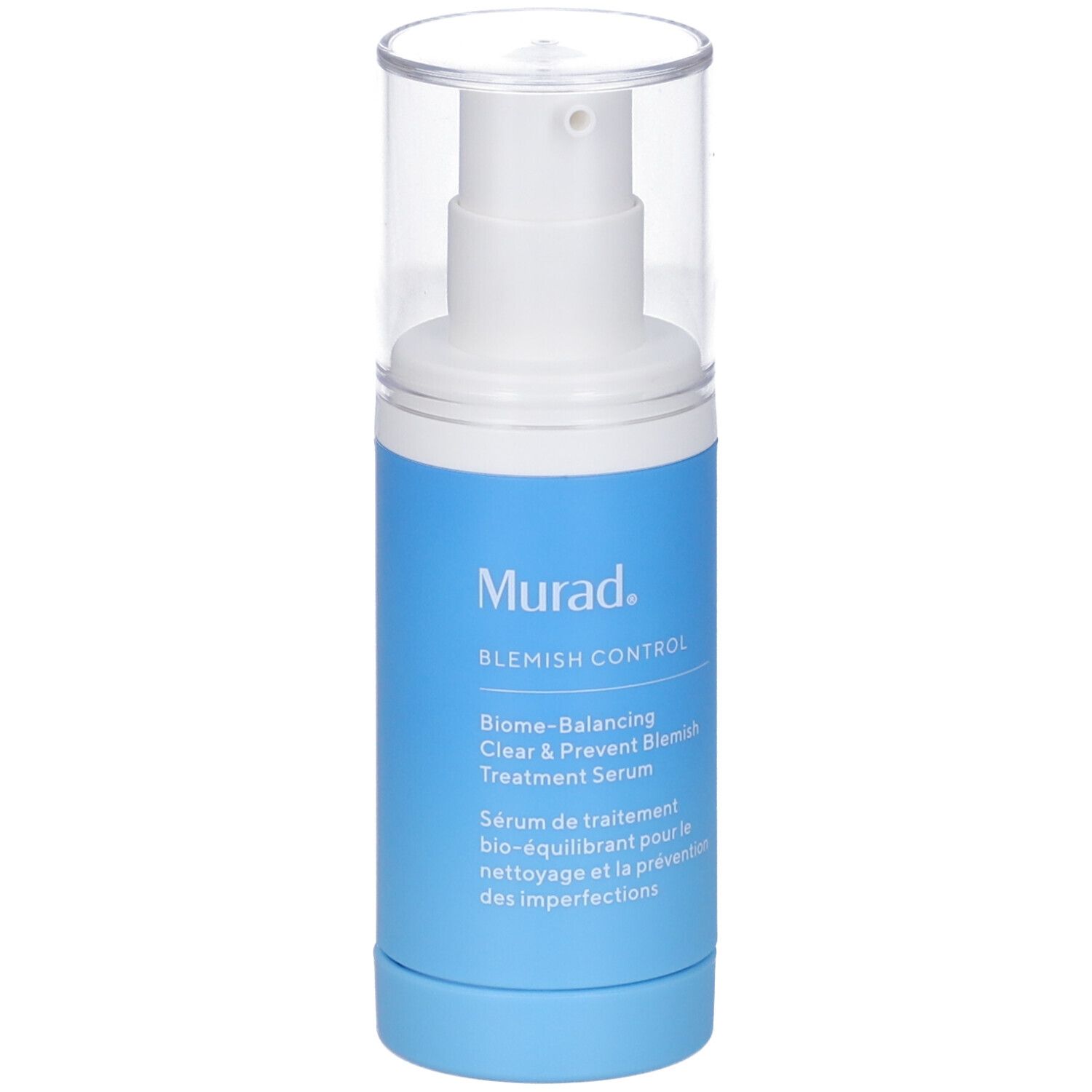 Flacon bleu et blanc avec pompe. Inscription: Murad, Blemish Control, Sérum. Bouchon transparent.