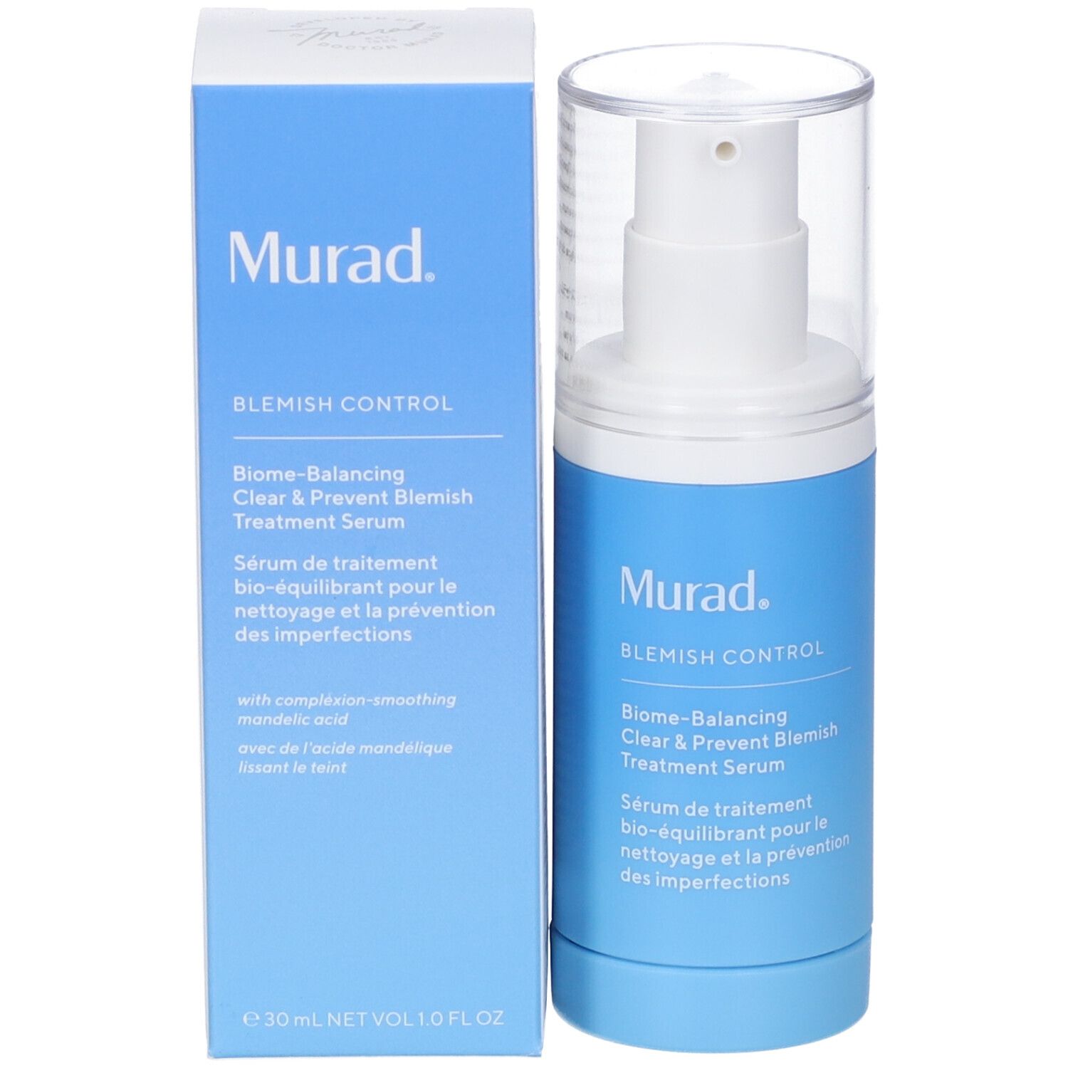 Produit et emballage. Flacon et boîte. Inscription: Murad, Blemish Control, Sérum.