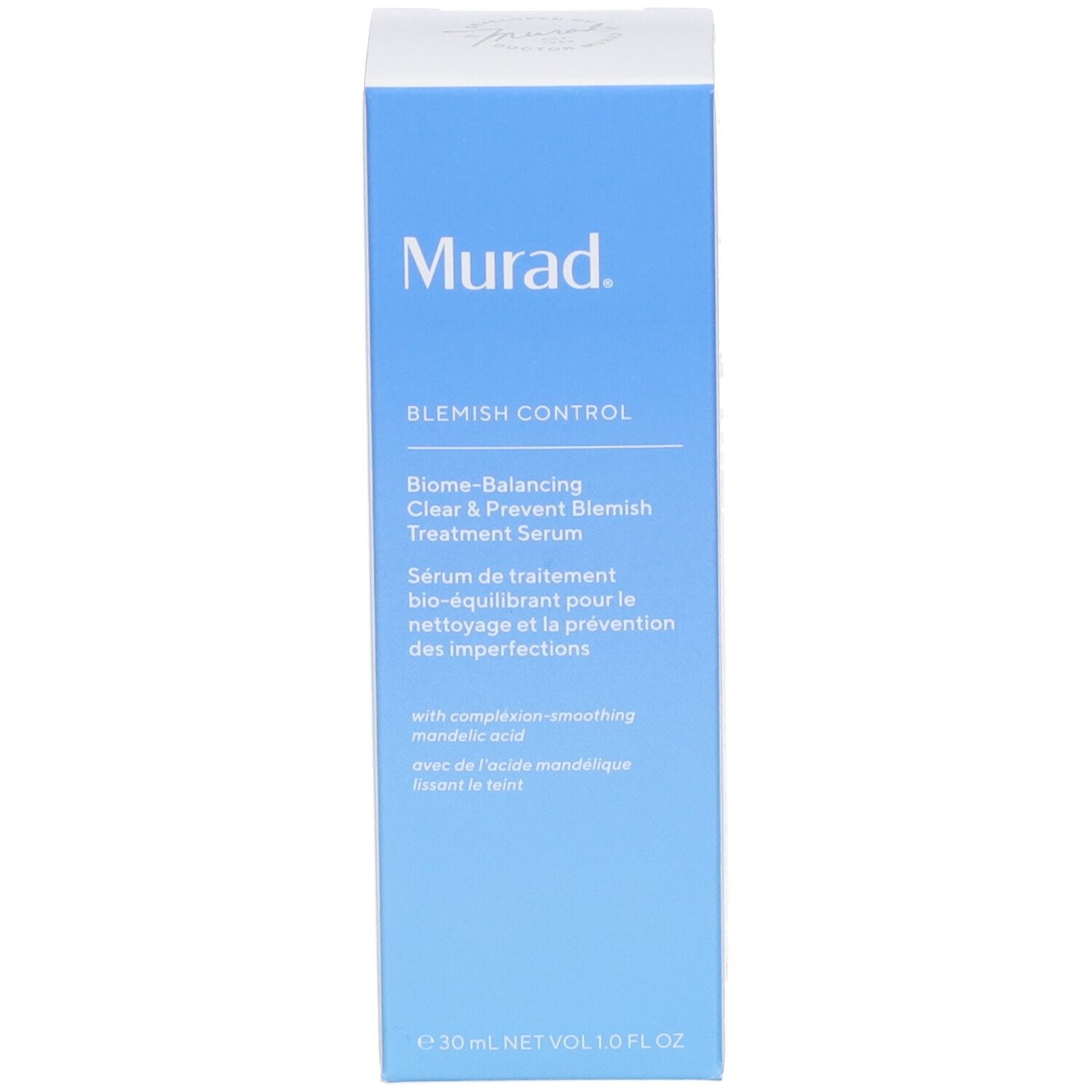 Boîte bleue. Inscription: Murad, Blemish Control, Sérum. Texte multilingue.