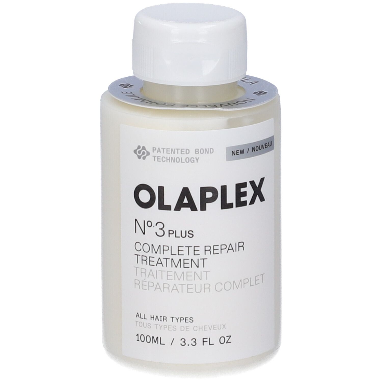 Olaplex No 3 Plus Complete Repair Treatment dans une bouteille de 100 ml avec un bouchon blanc. "Patented Bond Technology" et "All Hair Types" sont visibles.