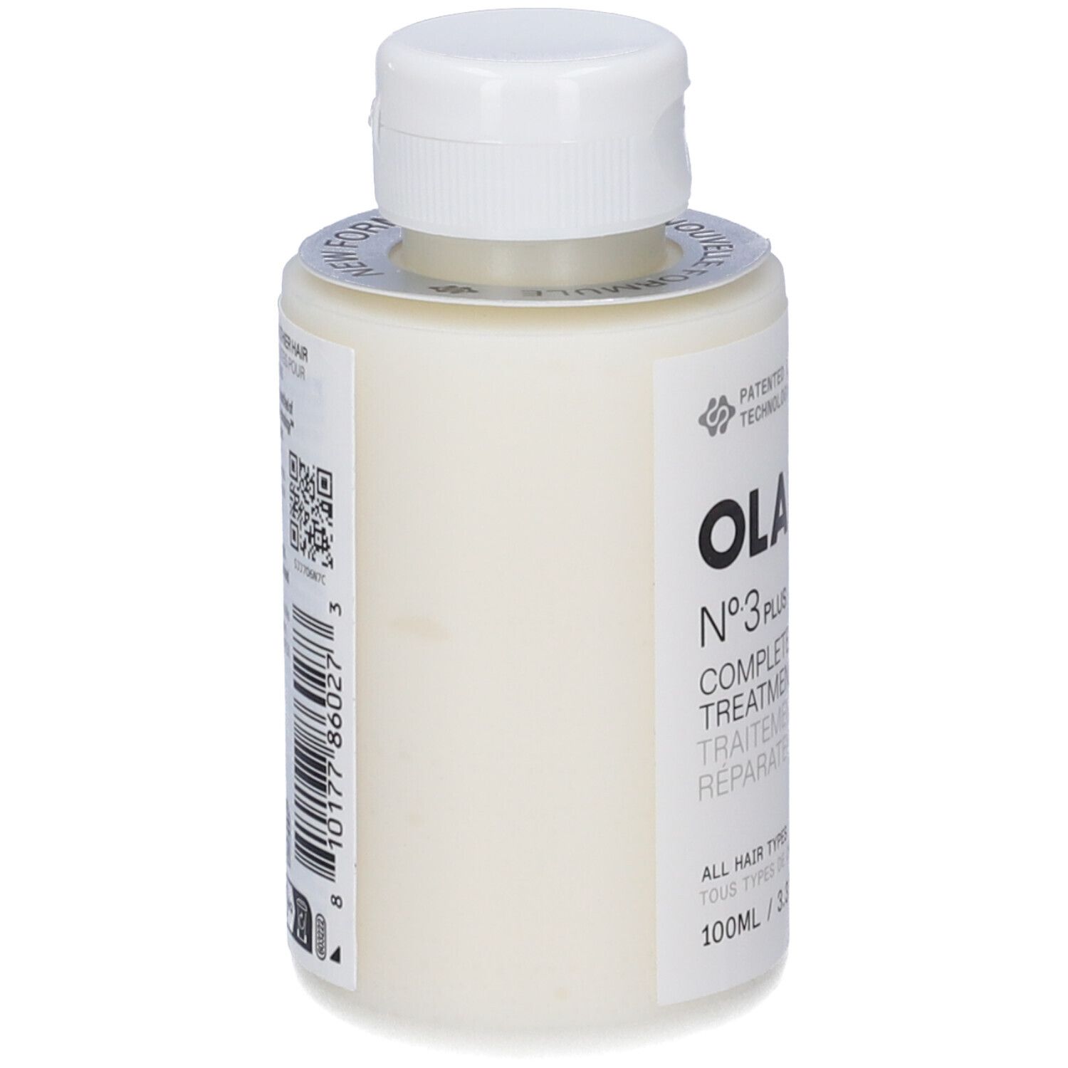 Bouteille blanche avec bouchon à vis blanc. Contient un traitement capillaire. 100ml.