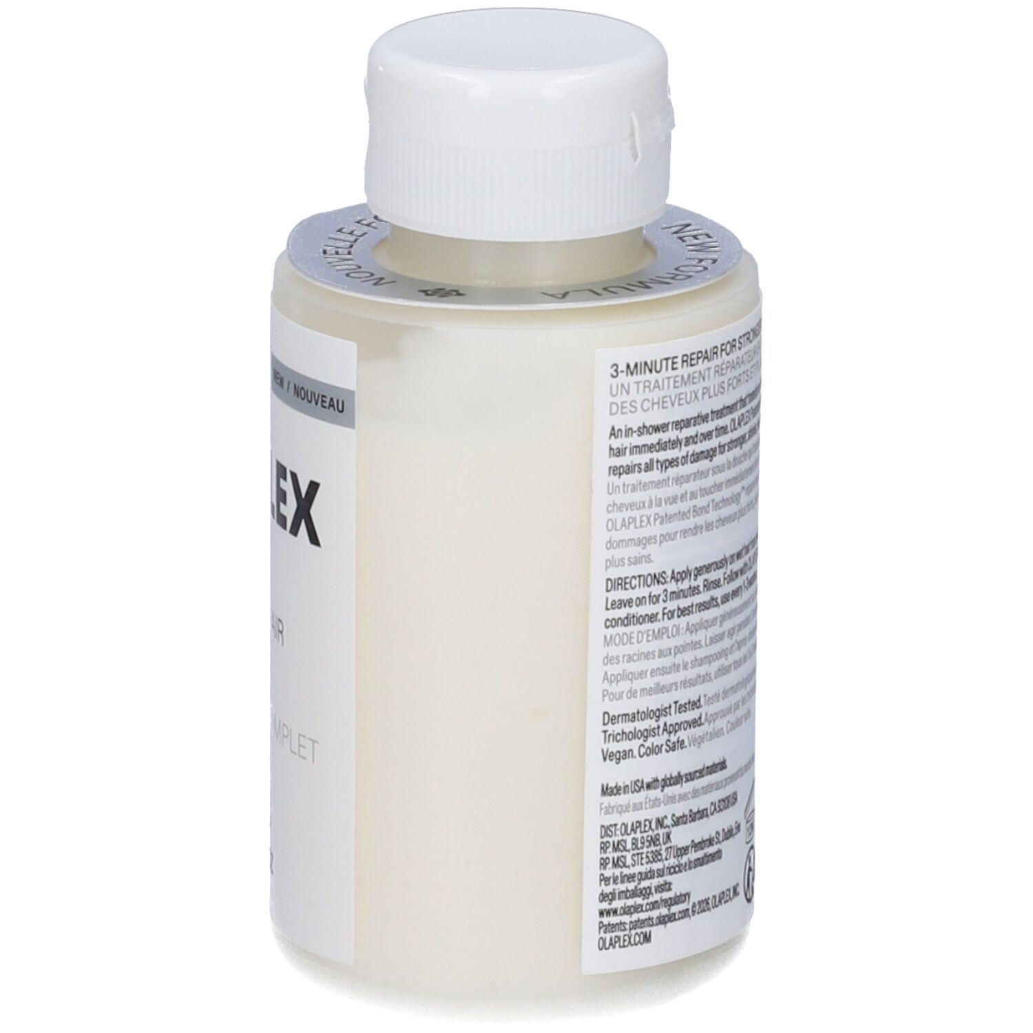 Petite bouteille à bouchon blanc, contenant une crème blanche. Étiquette avec 'OLAPLEX' et instructions d'utilisation.