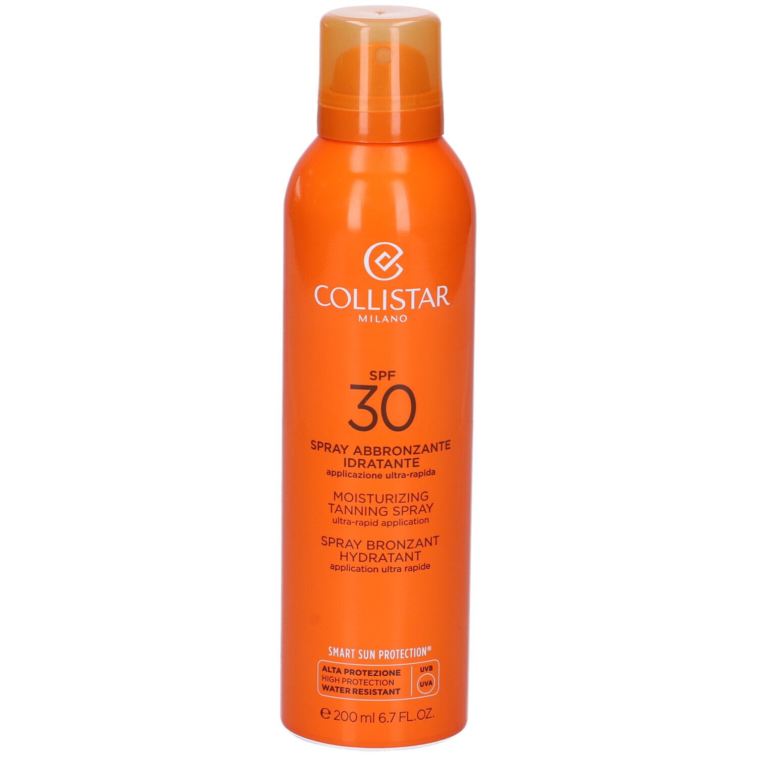 Flacon spray orange avec Collistar Milano, SPF 30, Spray Abbronzante Idratante. 200 ml.