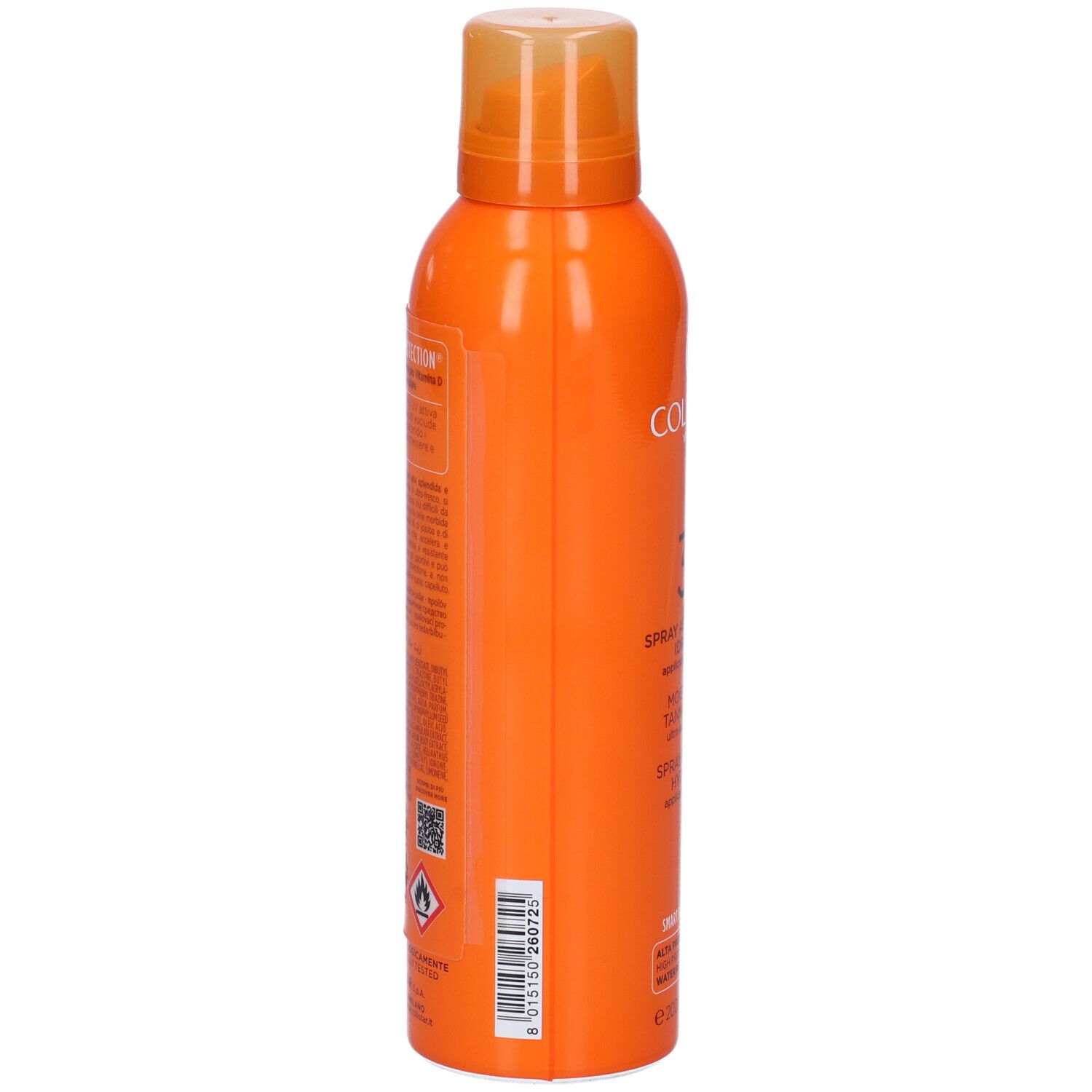 Flacon spray orange. Inscriptions et code-barres au dos. Contient des informations et des avertissements.