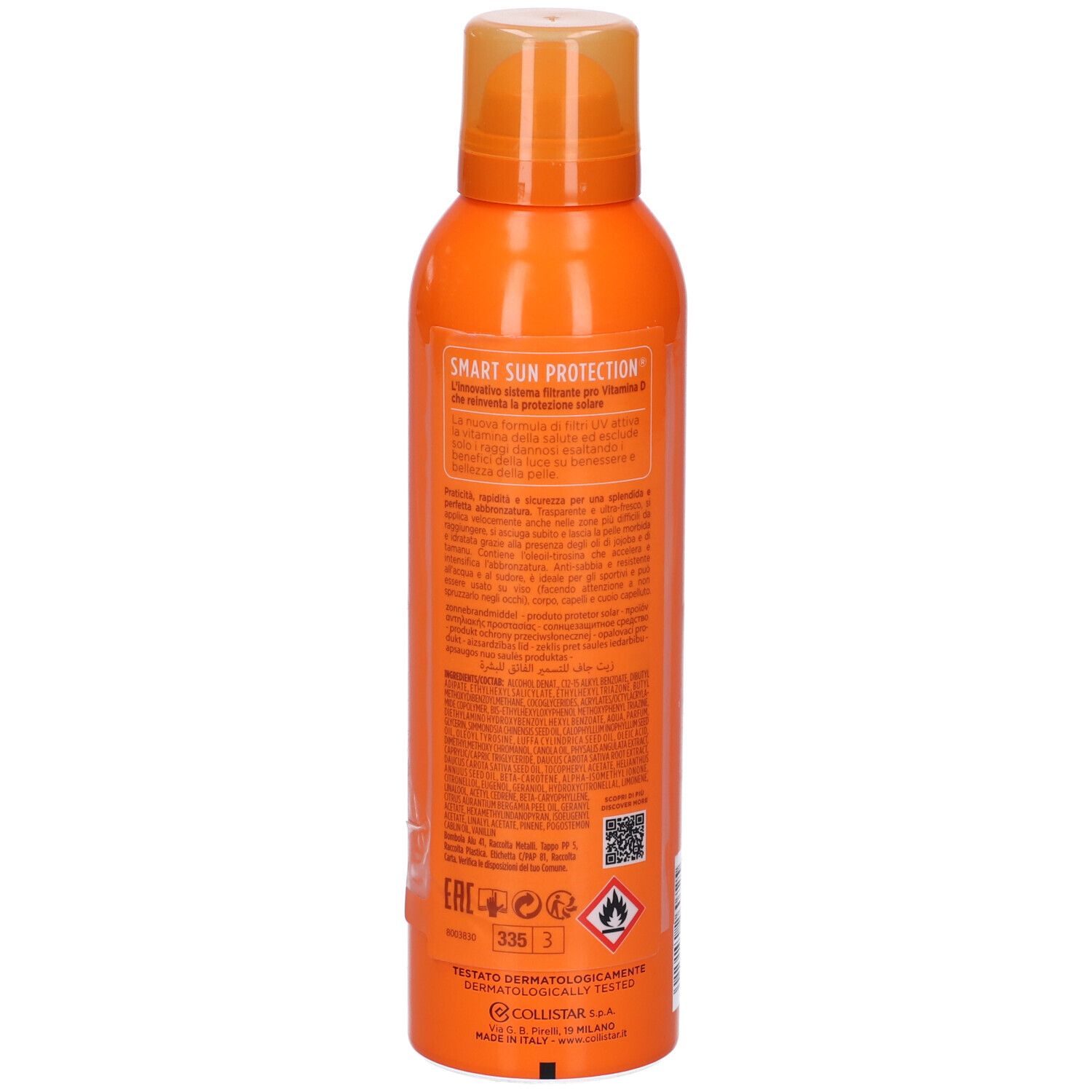 Dos d'un flacon spray orange. Informations textuelles, avertissements et logos.
