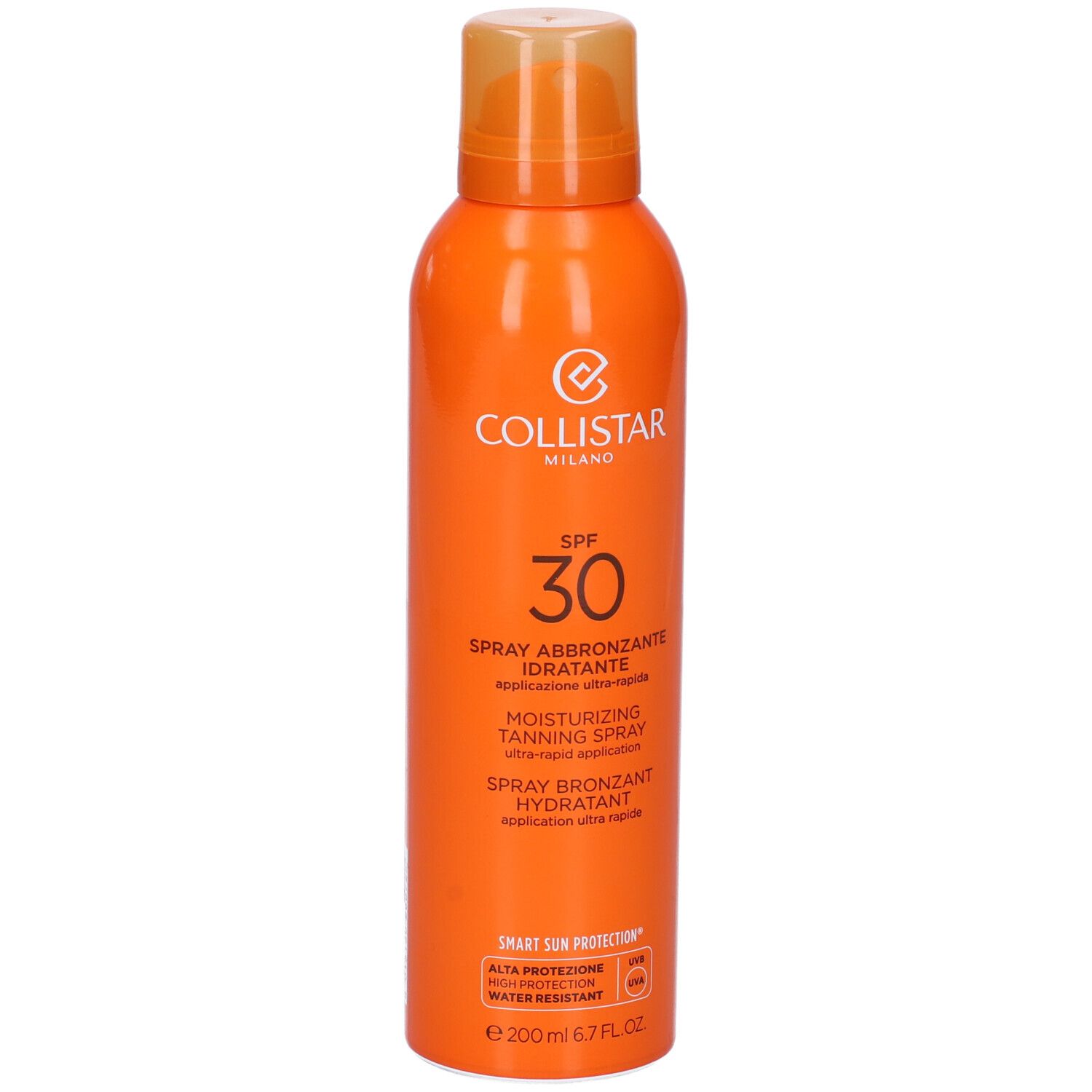Flacon spray orange avec Collistar Milano, SPF 30, Spray Abbronzante Idratante. 200 ml.