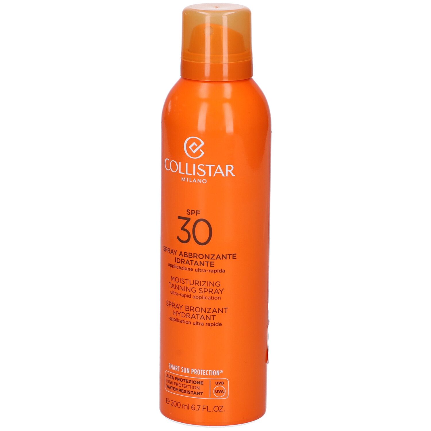 Flacon spray orange avec Collistar Milano, SPF 30, Spray Abbronzante Idratante. 200 ml.