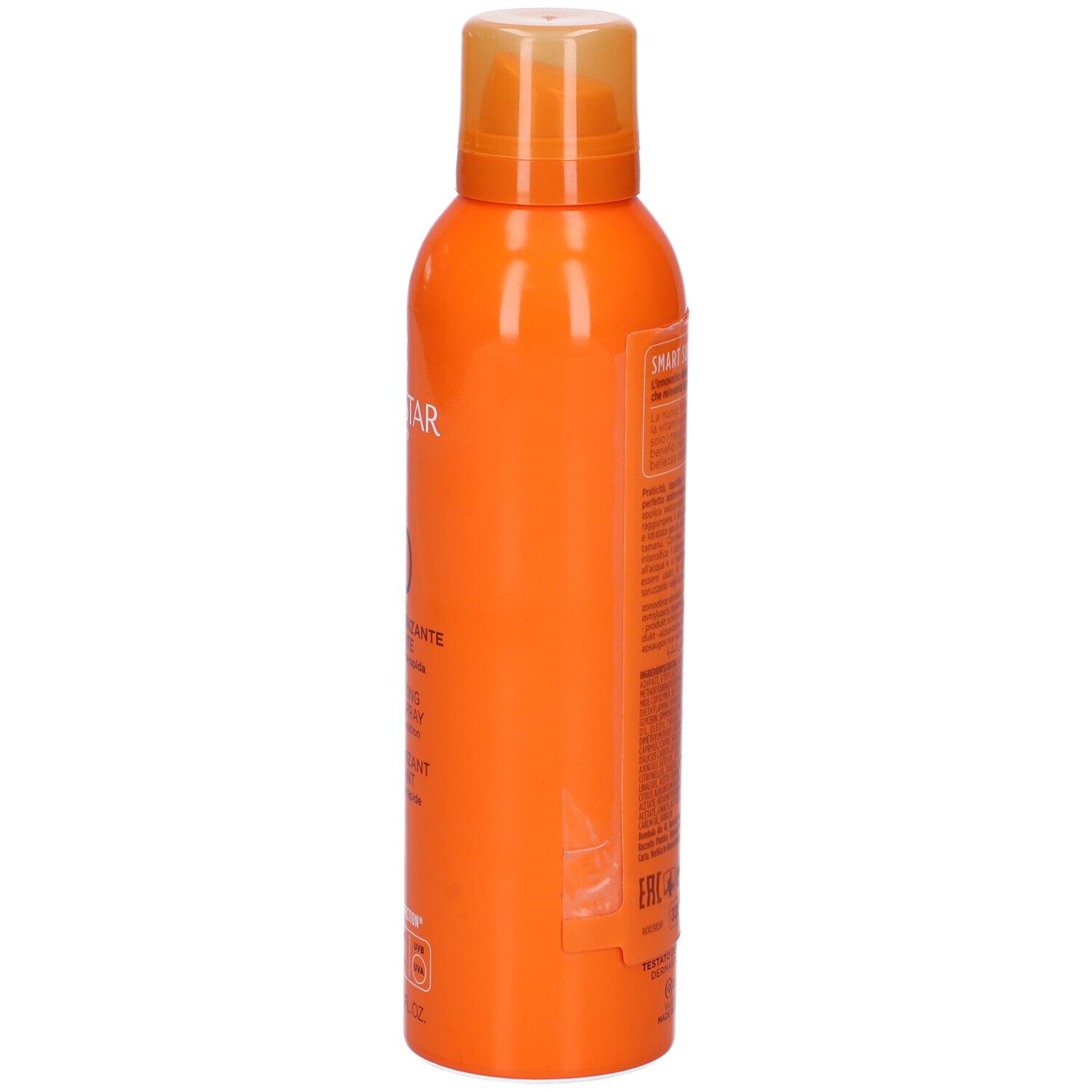 Flacon spray orange. Inscriptions et code-barres sur le côté. Contient des informations et des avertissements.