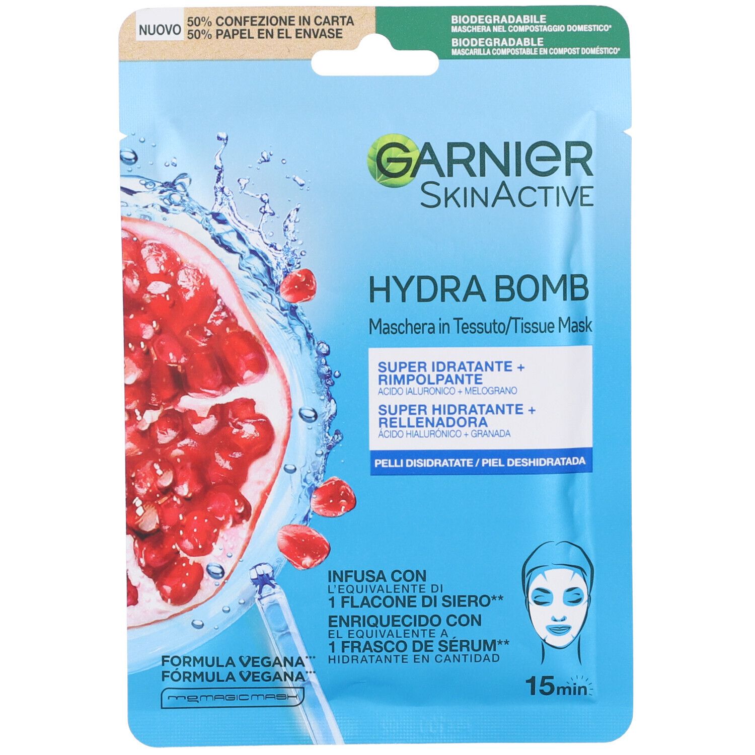 Masque visage Garnier SkinActive Hydra Bomb. Emballage bleu avec illustration de grenade et informations produit.
