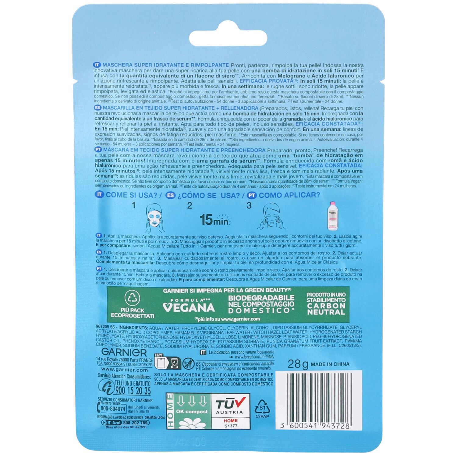 Dos du masque visage Garnier SkinActive Hydra Bomb. Emballage bleu avec informations produit et instructions d'utilisation.