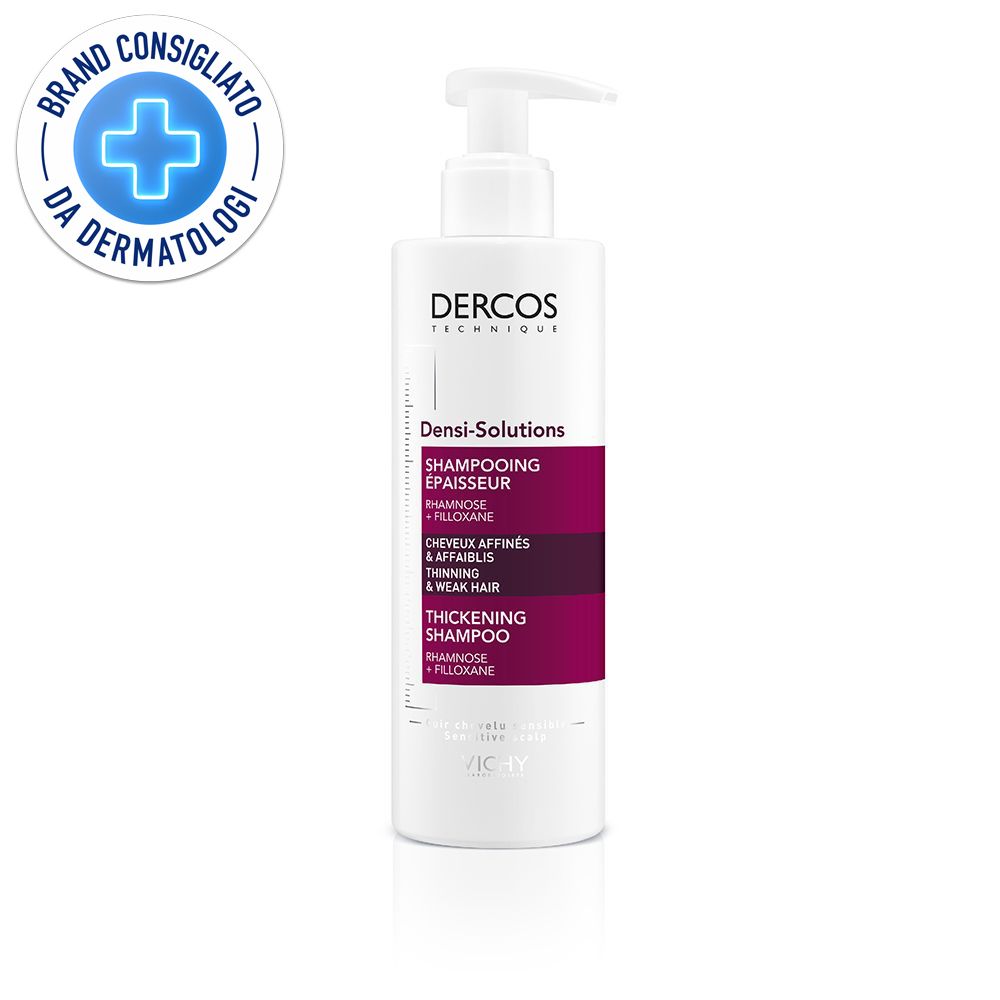 Flacon blanc avec pompe, shampooing épaississant Densi-Solutions Dercos pour cheveux fins.