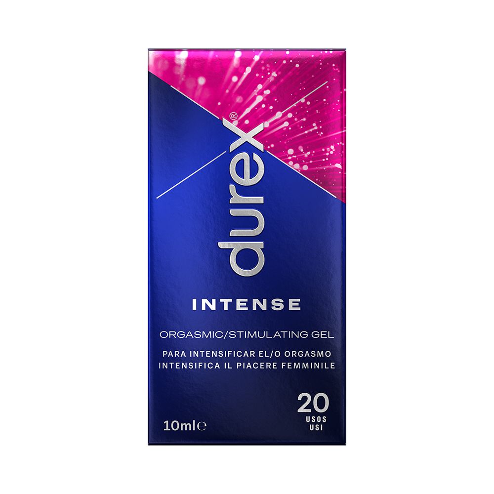 Durex Intense Orgasmic Gel. Verpakking met productnaam en info. 20 toepassingen, 10ml.