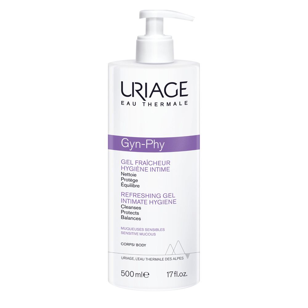 Uriage Gyn-Phy gel rafraîchissant hygiène intime, flacon pompe blanc 500ml.