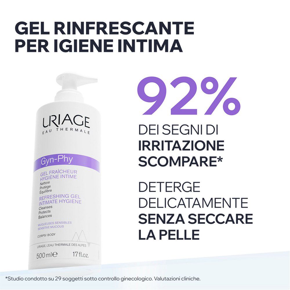 Uriage Gyn-Phy gel fraîcheur pour l'hygiène intime dans un flacon pompe blanc de 500 ml.