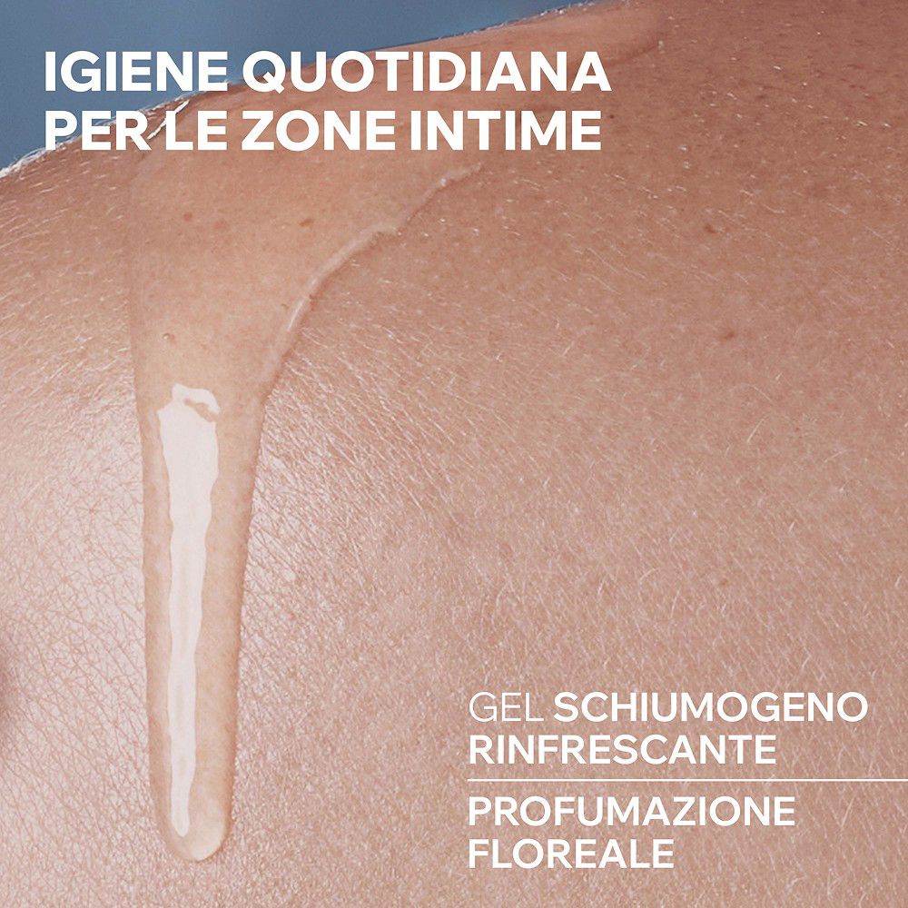 Gel nettoyant moussant transparent sur peau. Texte : Hygiène quotidienne zones intimes, gel moussant rafraîchissant, parfum floral.