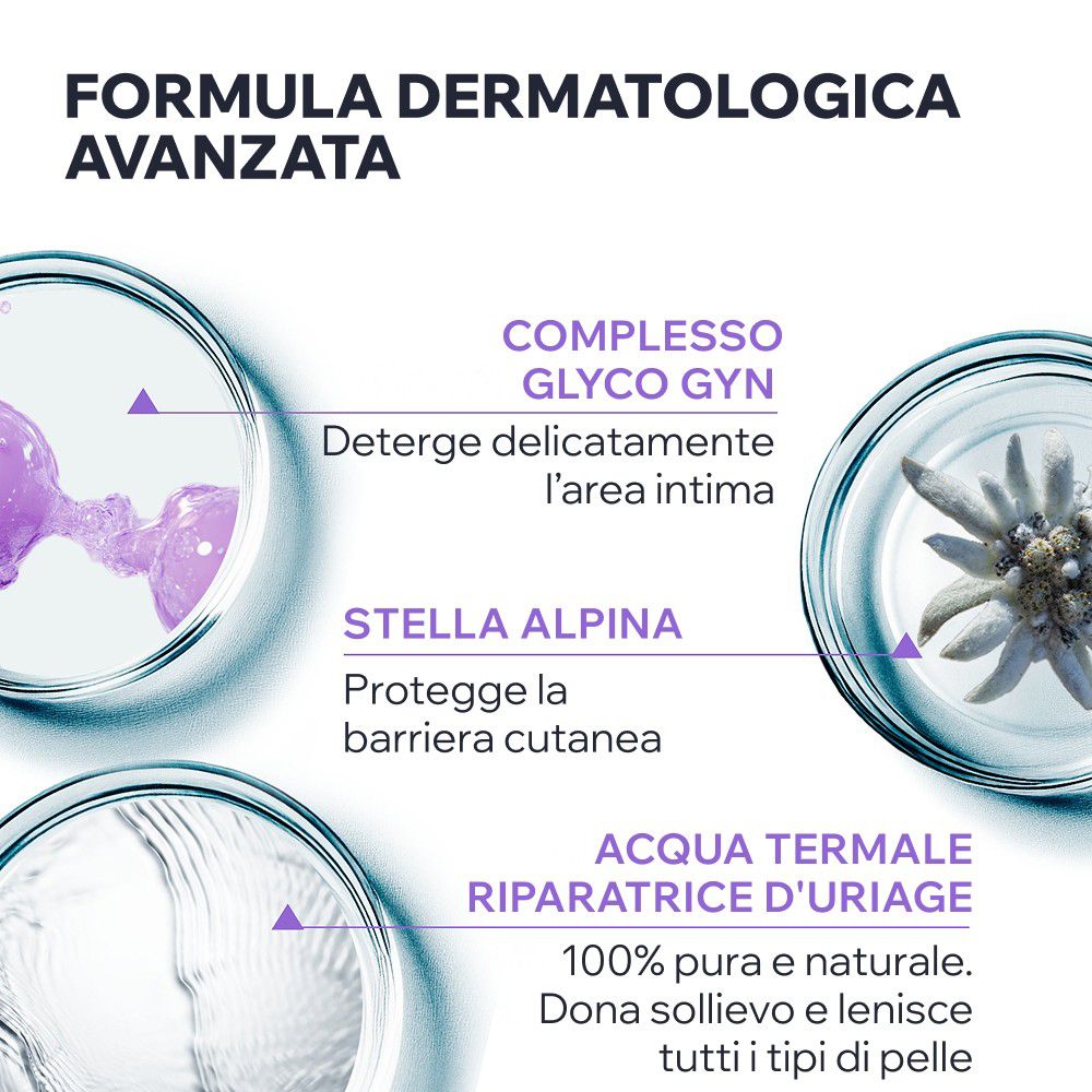 Graphique avec trois cercles montrant des ingrédients : molécules violettes, edelweiss et eau. Texte : "Formule dermatologique avancée".