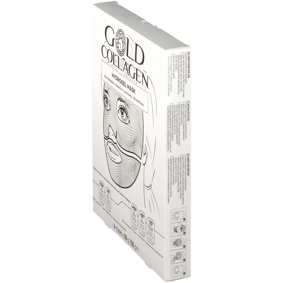 Verpakking GOLD COLLAGEN® Hydrogel Mask. Zijaanzicht van de witte doos met tekst en illustraties.