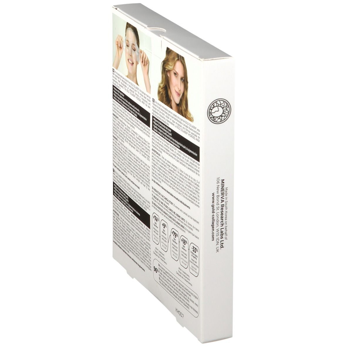 Zijaanzicht van de GOLD COLLAGEN® Hydrogel Mask verpakking. Tekst en logo van Minerva Research Labs Ltd.