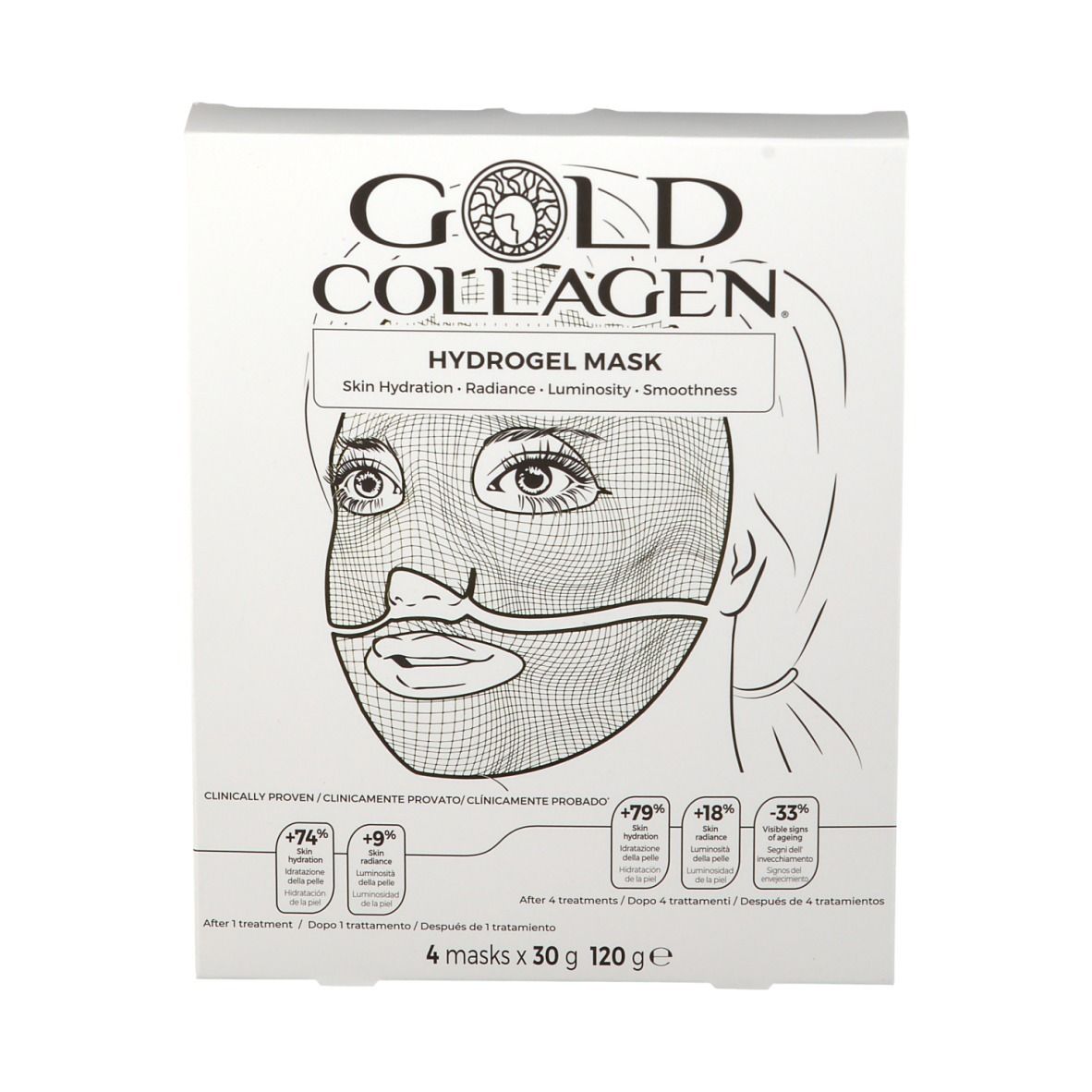 Verpakking GOLD COLLAGEN® Hydrogel Mask. Vooraanzicht met afbeelding en tekst. 4 maskers, 120g.
