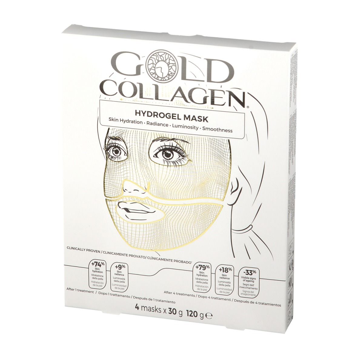 Verpakking GOLD COLLAGEN® Hydrogel Mask. Vooraanzicht met gouden afbeelding en tekst. 4 maskers, 120g.