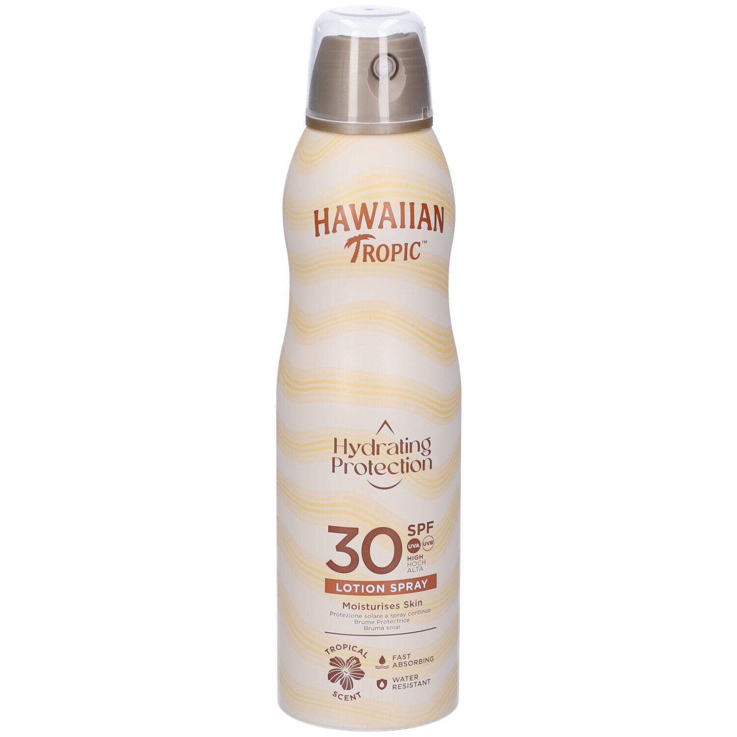 Zonnespray van Hawaiian Tropic. Wit-gele fles met sproeikop. Opschrift: Hydrating Protection, SPF 30, Lotion Spray.
