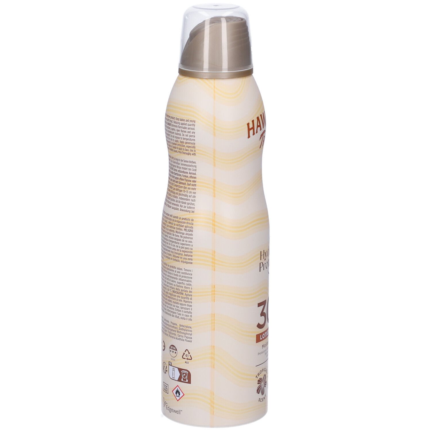 Zonnebrandsprayfles. Beige-geel ontwerp met tekst. Zichtbaar: SPF 30, Hawaiian Tropic logo, Silk Hydration. Afgeronde vorm, sproeikop.